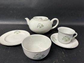 A Marshfield Congregational Church teapot, teacup, saucer, sideplate and bowl.