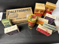 A tall Macfarlane Water Biscuits tin, A Palethorpes Sausages box, various Symington's boxes,