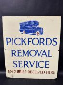 A Pickfords Removal Service enamel advertising sign with image of removal van, 17 3/4 x 20 3/4".