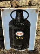 An Esso Gas double sided hanging enamel advertising sign depicting a gas cylinder, 17 x 23".