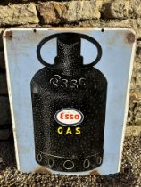 An Esso Gas double sided hanging enamel advertising sign depicting a gas cylinder, 17 x 23".