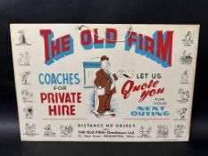A hanging showcard for local firm 'The Old Firm' (Omnibuses) Ltd., High St. Wroughton, Wilts. by