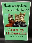 A Cherry Blossom Shoe Polish tinplate advertising sign depicting kittens in boots, 17 3/4 x 26 1/4".