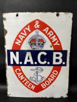 An N.A.C.B. Navy & Army Canteen Board double sided enamel hanging advertising sign, 18 x 24".