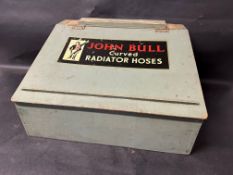 A John Bull Curved Radiator Hoses dispensing box with chart to inside lid listing car makes and