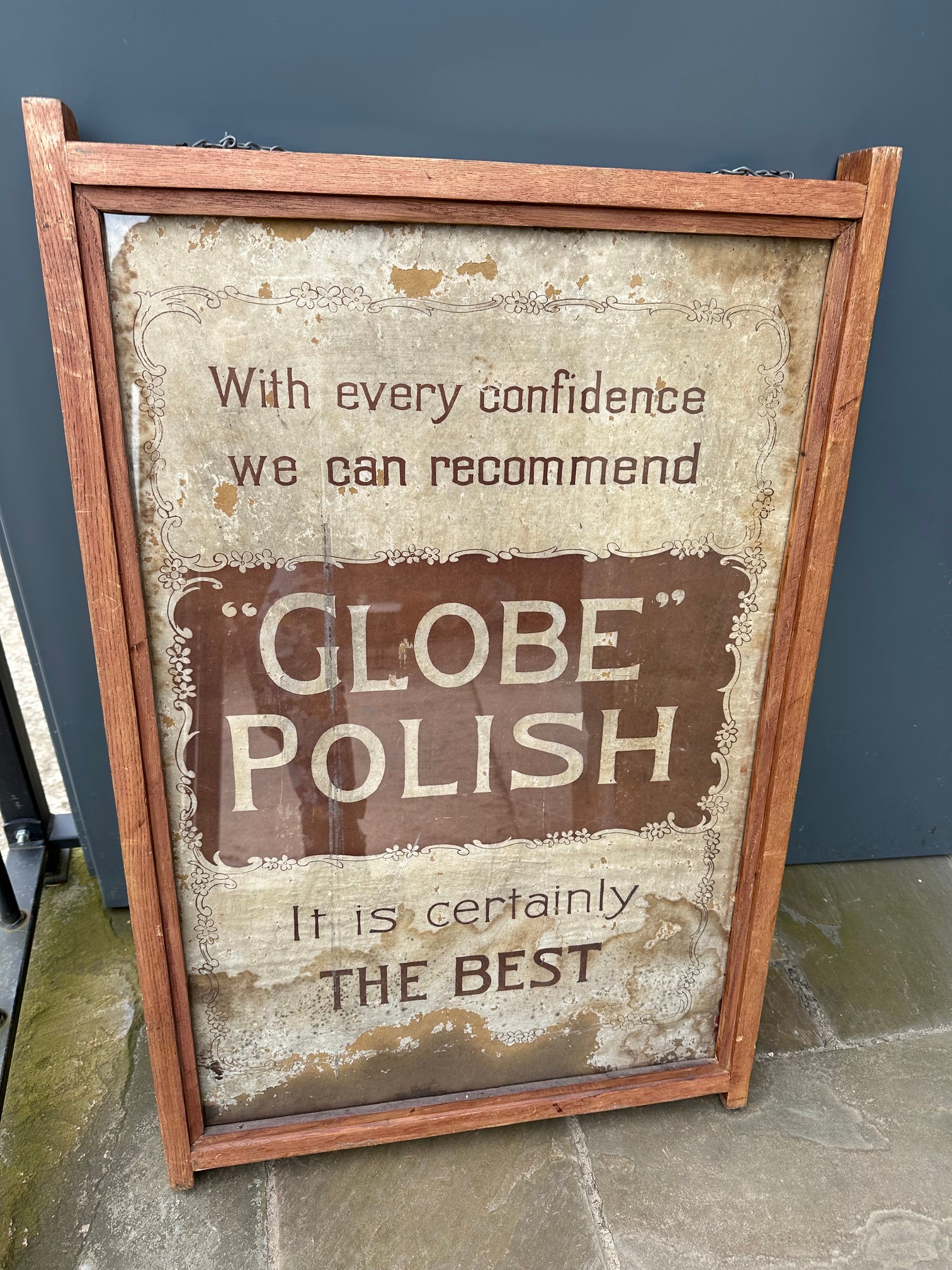 A large hanging wooden frame containing advertising for Globe Metal Polish to each side - Image 2 of 7