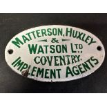 A Matterson, Huxley & Watson Ltd. of Coventry small oval enamel advertising plaque, 5 x 3".