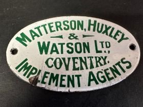 A Matterson, Huxley & Watson Ltd. of Coventry small oval enamel advertising plaque, 5 x 3".