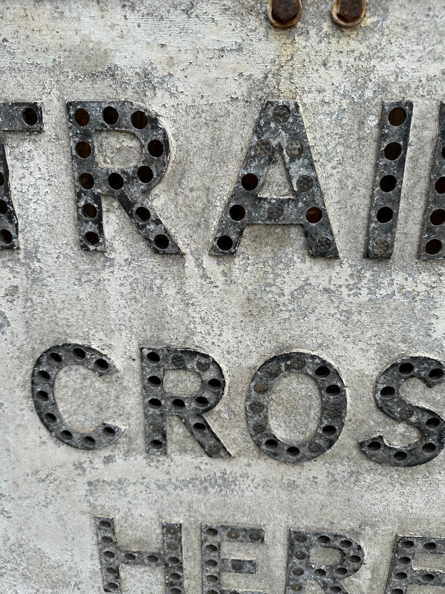 Trains Cross Here - a cast aluminium road sign with pole mounts, some glass reflector beads present, - Image 5 of 7