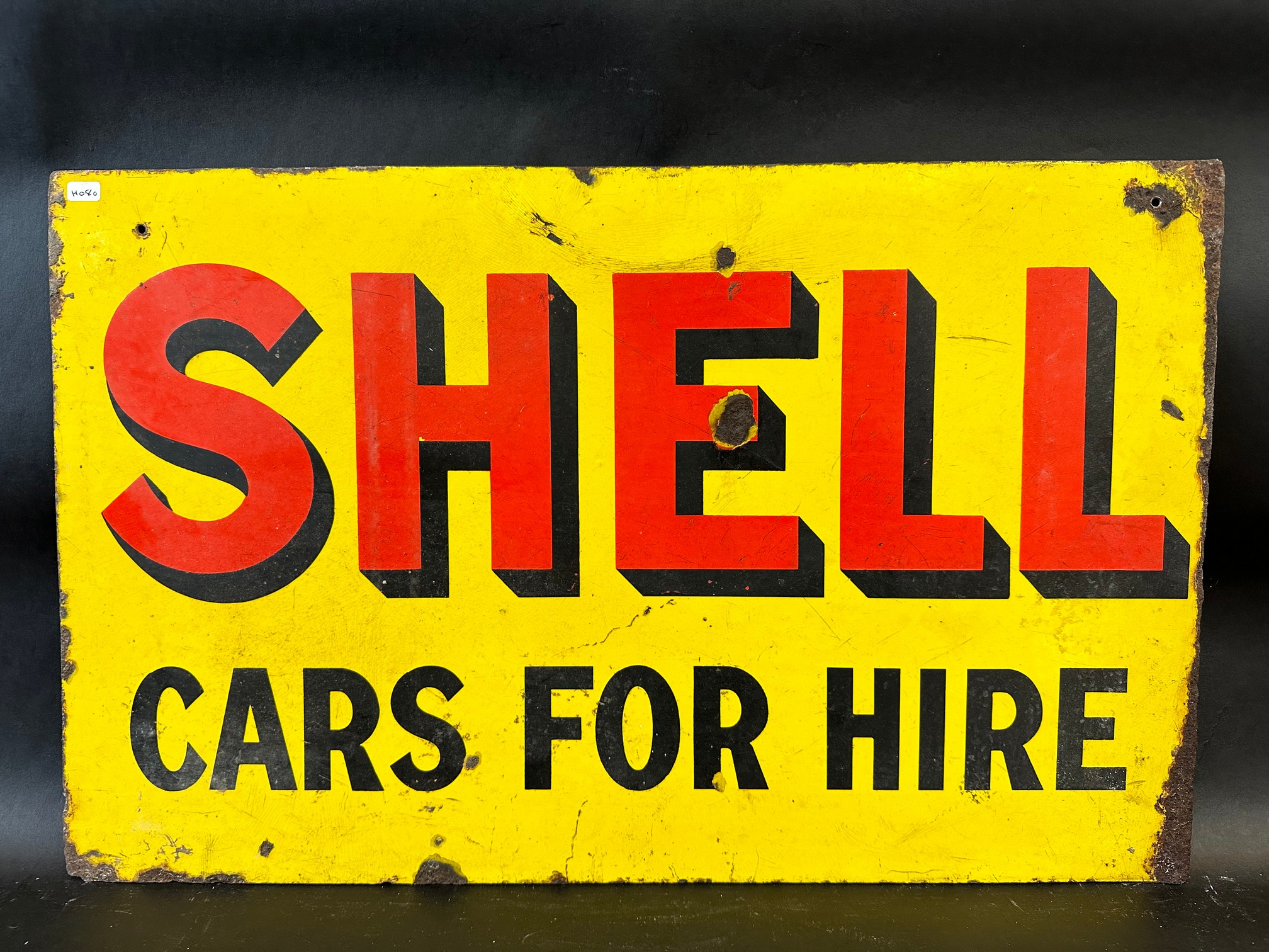 A Shell Cars For Hire double sided enamel sign, lacking hanging flange, 24 x 15".