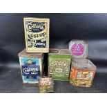 Five early food tins: Cerebos Table Salt 14lb tin, Carltona Super Custard Powder 7lb tin with