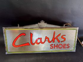 A Clarks Shoes lightbox, 38" wide x 14 1/4" high x 11" deep.