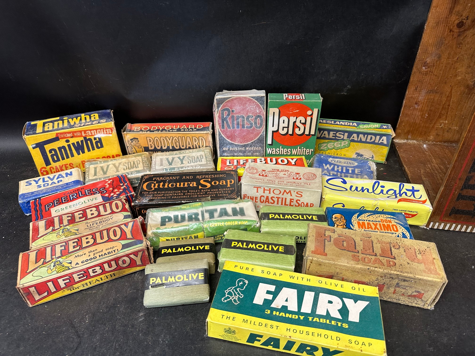 A crate of soap (all bar Taniwha with contents) inc. Rinso, Persil, Ivy, Palmolive, Fairy, Sunlight,