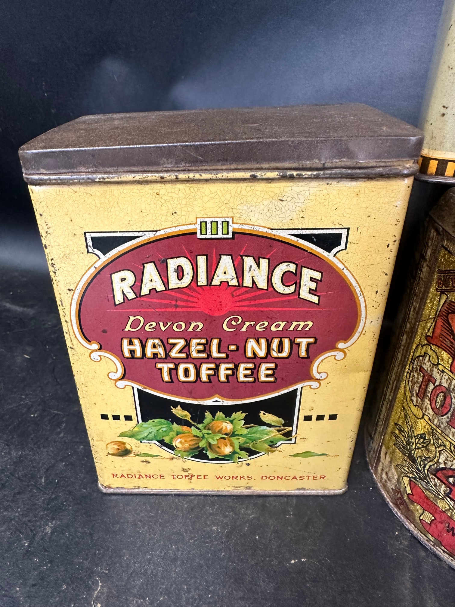 Five confectionery tins: Radiance Hazel-Nut Toffee 7 3/4" tall, Waller's Toffee All-Sorts, Ascot - Image 9 of 9