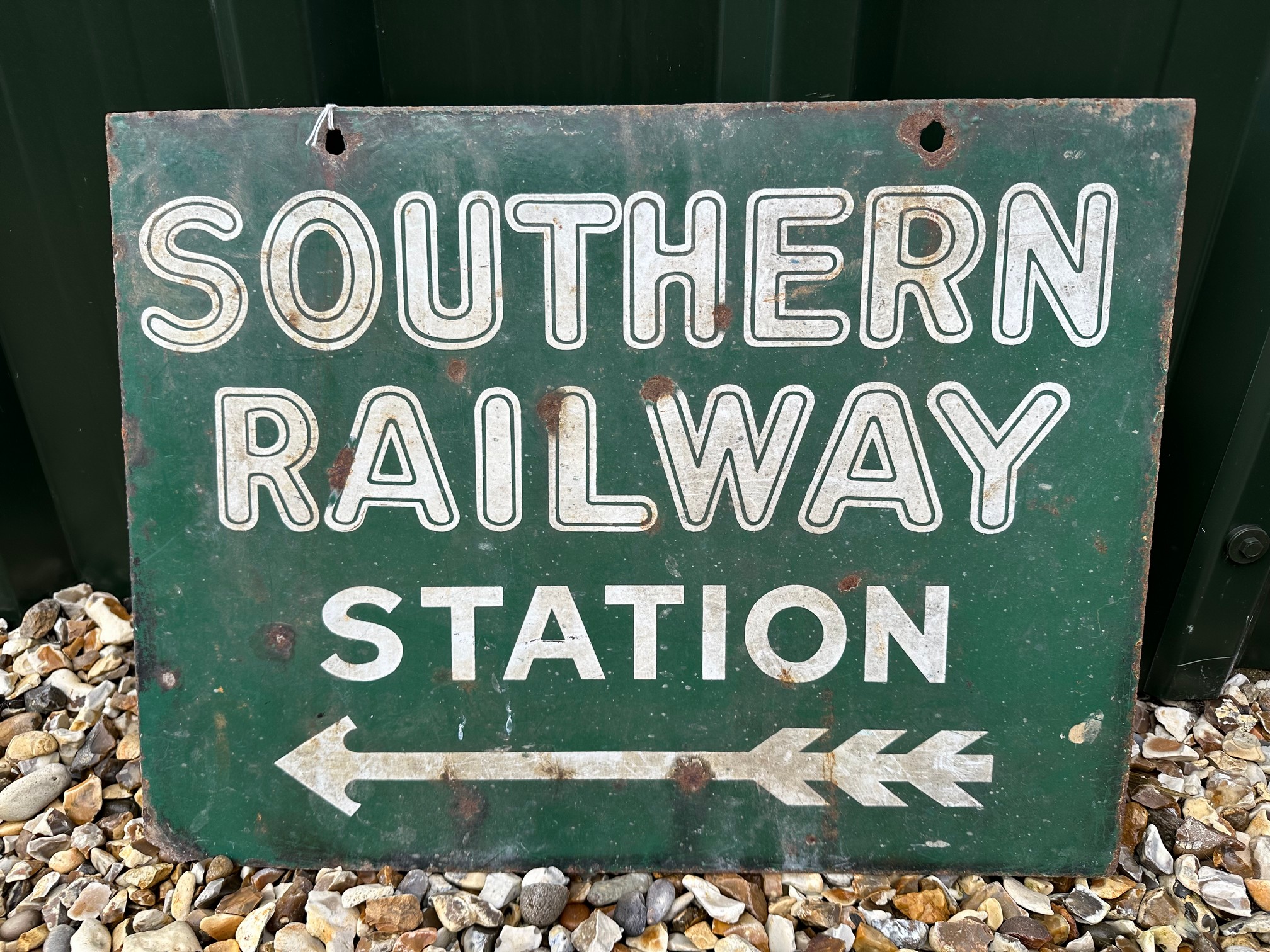 A Southern Railway Station directional arrow double sided hanging enamel advertising sign, 20 x