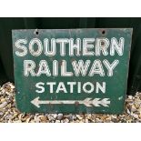 A Southern Railway Station directional arrow double sided hanging enamel advertising sign, 20 x