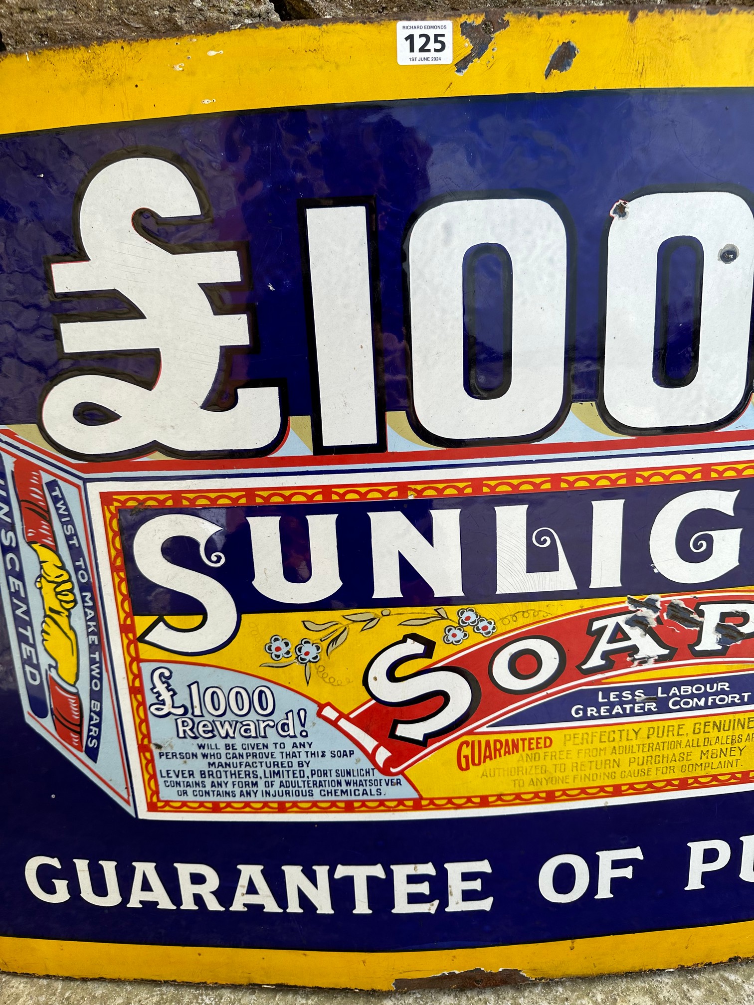 A Sunlight Soap £1,000 Guarantee of Purity pictorial enamel advertising sign, 36 x 27". - Image 4 of 6