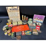 A selection of tins, a match case, a Franklyn's Fine Shagg novel patience game, toe plaster point of