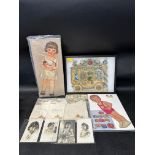 A fabulous Valentine card in presentation case, two 1940s paper dolls, three sets of childrens'