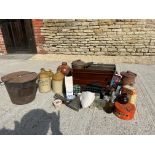 Assorted kitchenalia inc. a bread mixer, stoneware flagons, bottles, tins, magazine rack, jars etc.