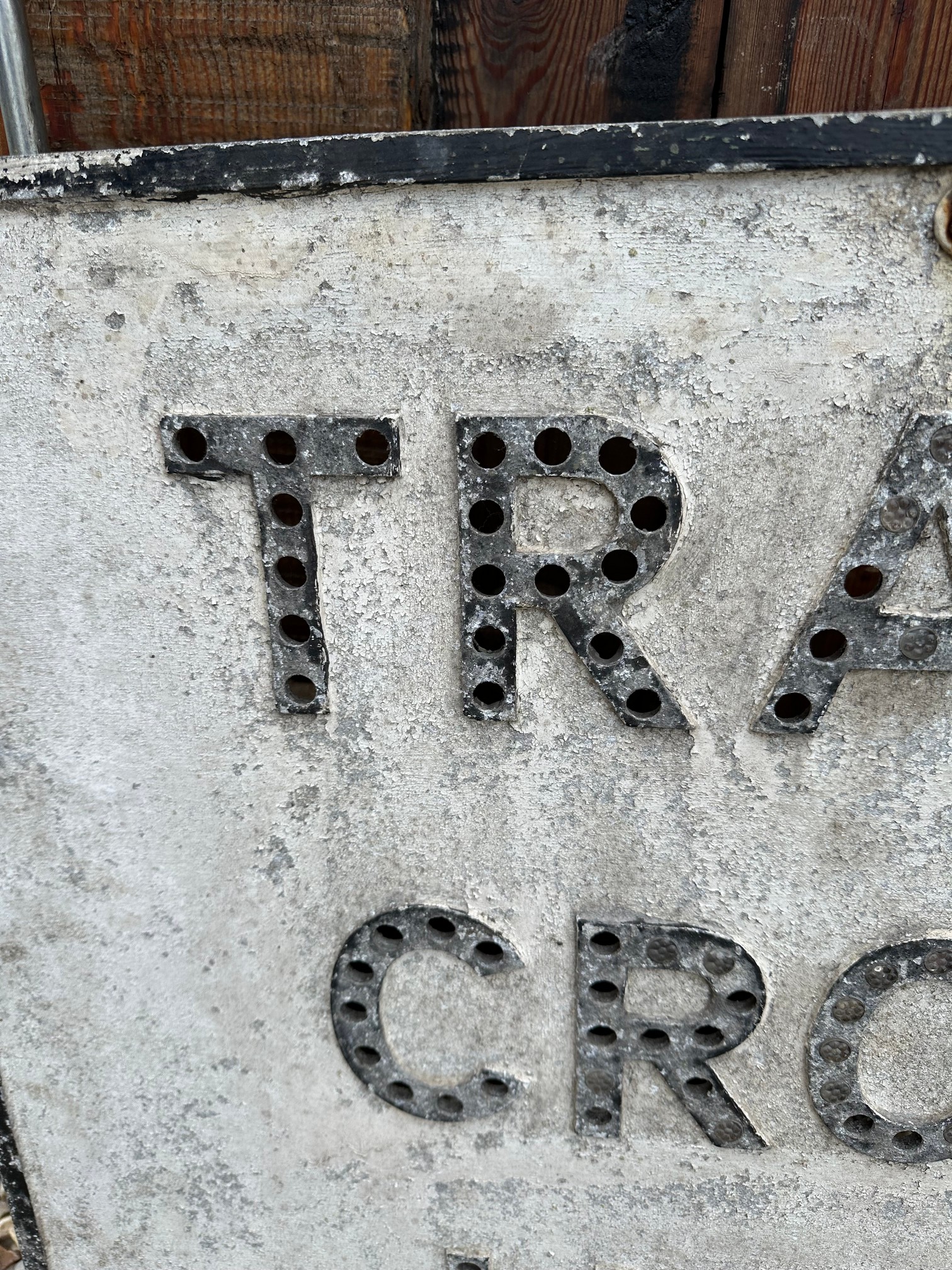 Trains Cross Here - a cast aluminium road sign with pole mounts, some glass reflector beads present, - Image 3 of 7