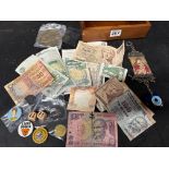 A selection of bank notes, coins etc.