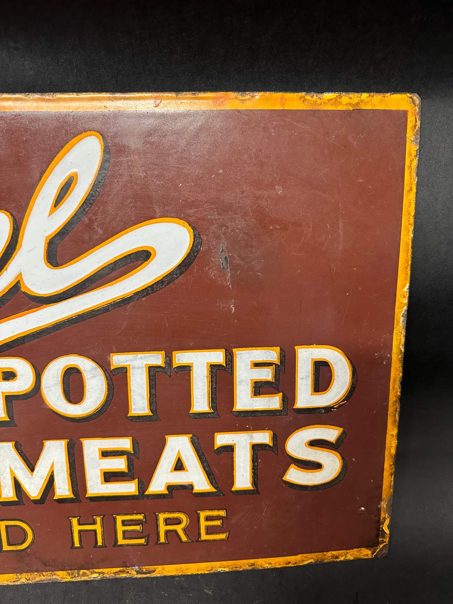 An Excel Potted Meats 'Sold Here' double sided enamel advertising sign with hanging flange, - Image 8 of 8