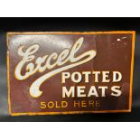 An Excel Potted Meats 'Sold Here' double sided enamel advertising sign with hanging flange,