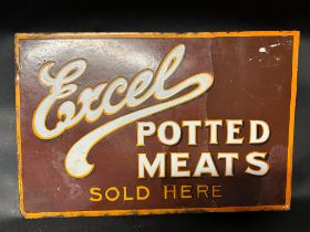 An Excel Potted Meats 'Sold Here' double sided enamel advertising sign with hanging flange,