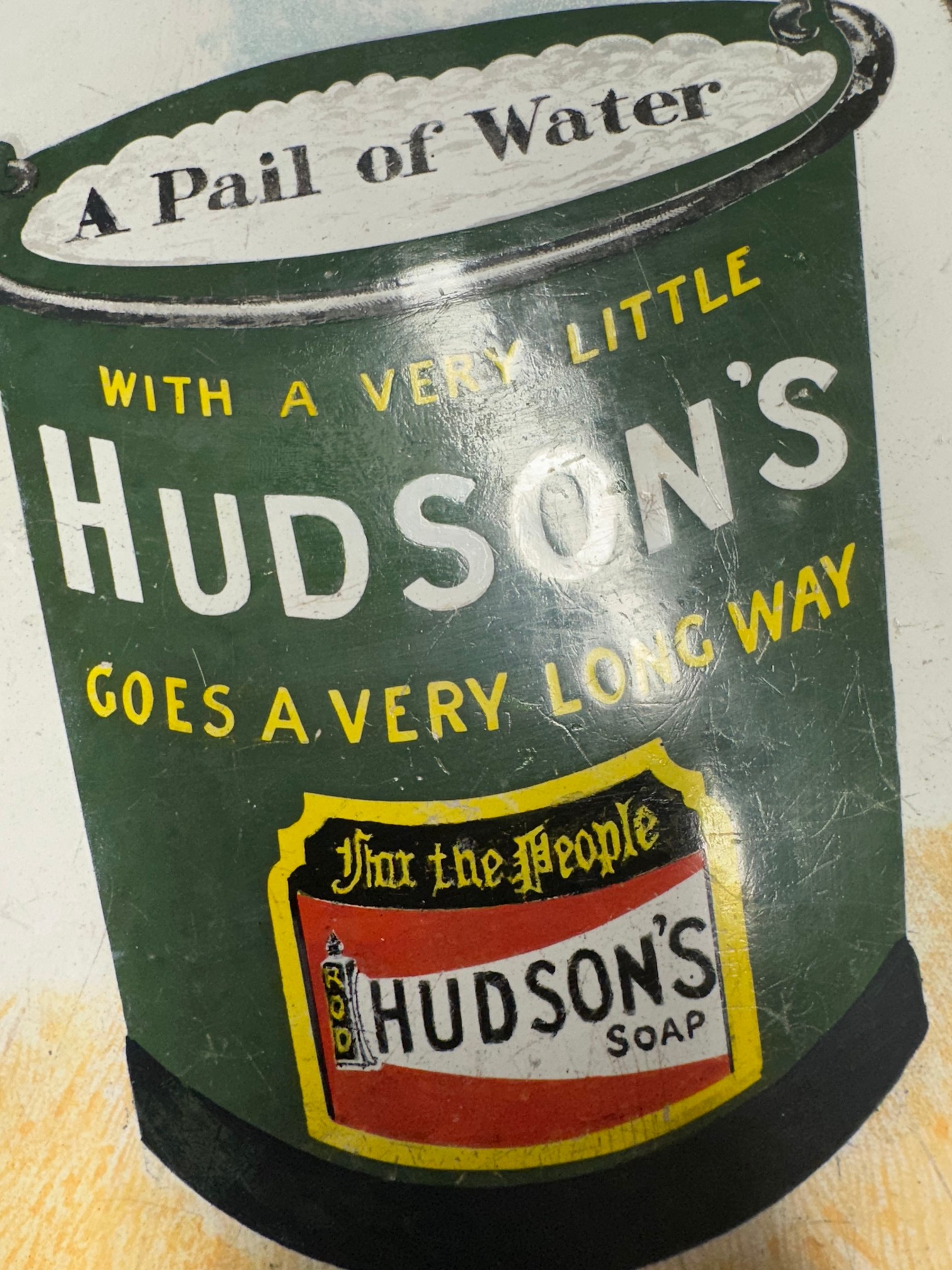 A rare variation of a Hudson's Soap bucket enamel advertising sign, some professional restoration, 7 - Image 3 of 3