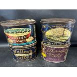 Four 1920s large toffee tins: Mackintosh's Toffee Deluxe, Thorne's of Leeds, Waller's Toffee with