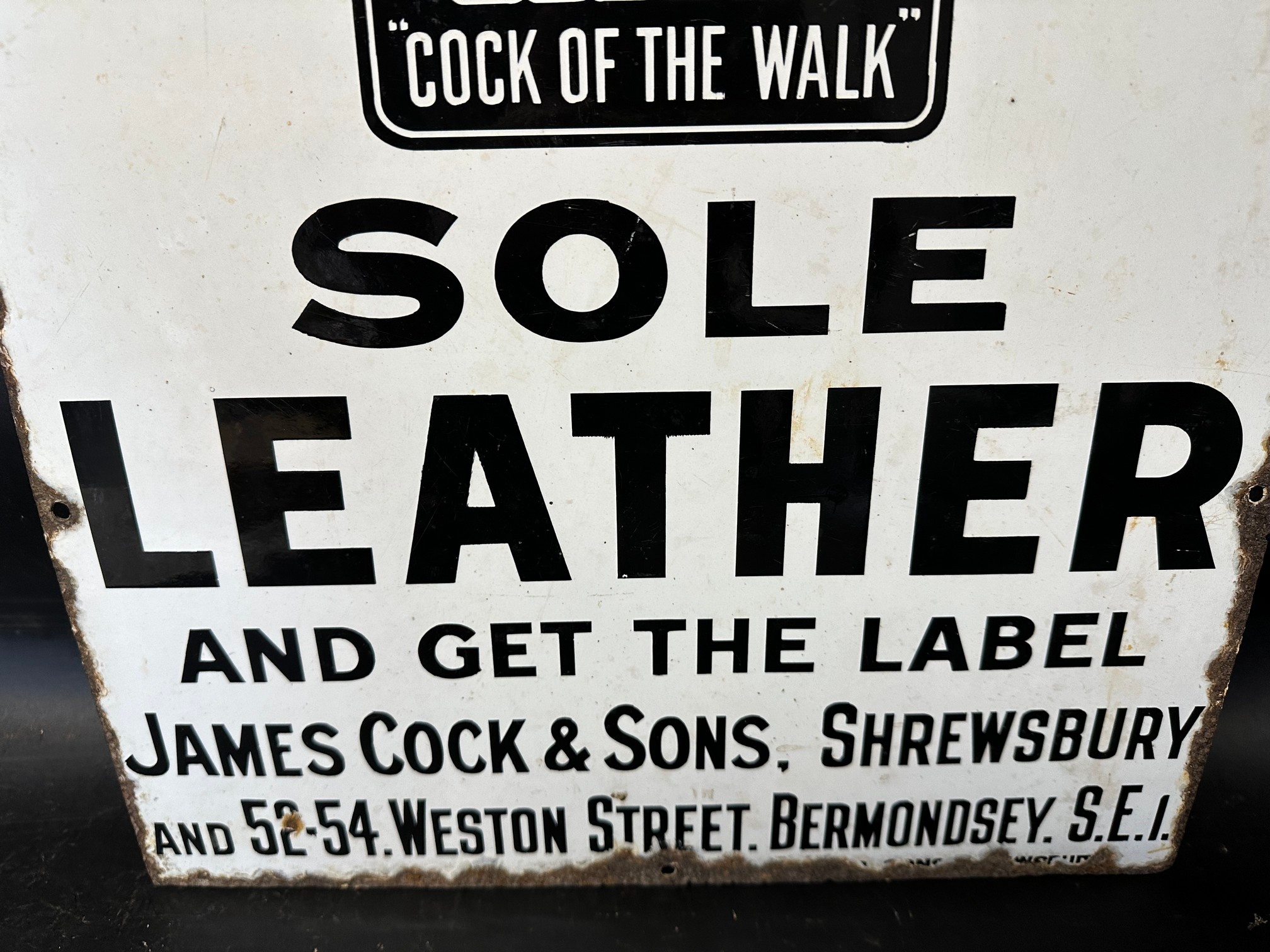 A James Cock & Sons of Shrewsbury and Bermondsey enamel sign advertising 'Cock' Sole Leather - Image 5 of 9