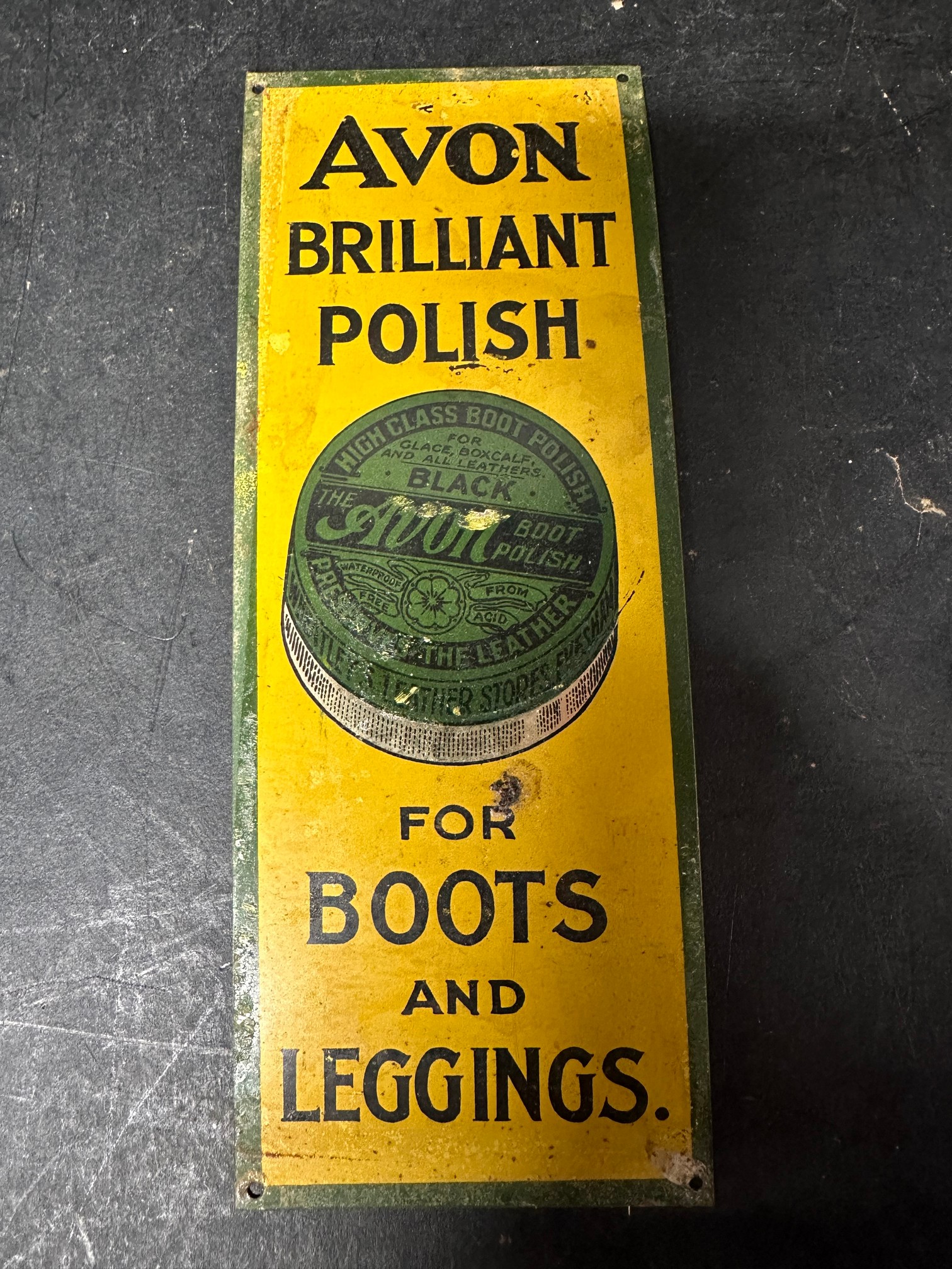 A tin finger plate advertising Avon Brilliant Polish For Boots and Leggings, 3 x 8".