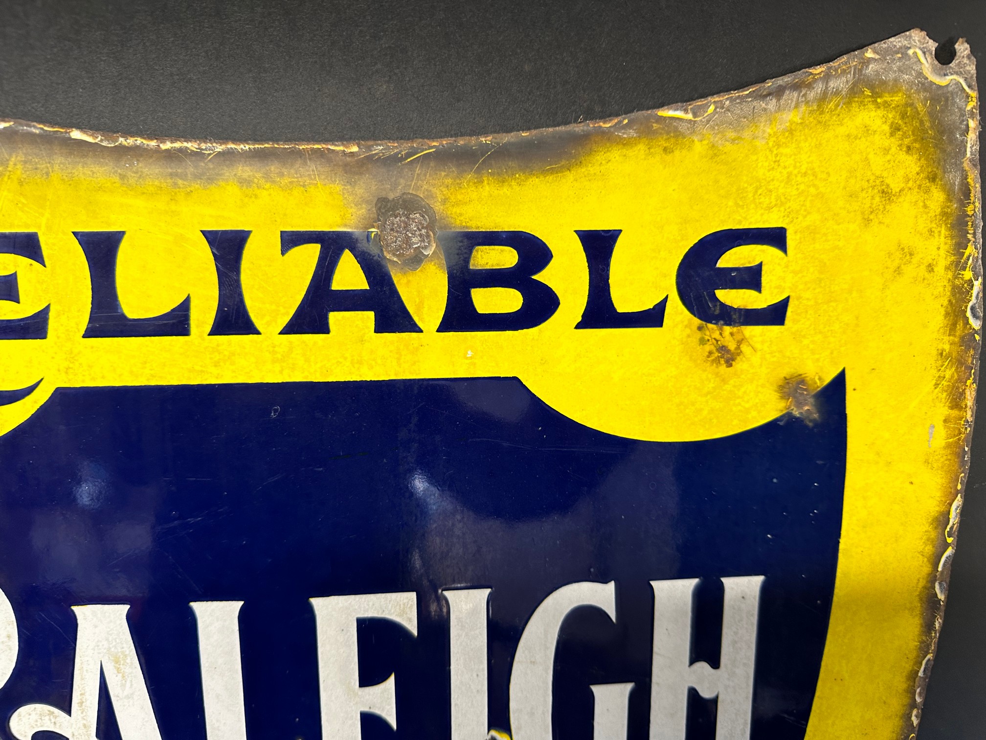 A Raleigh Cycles - Reliable, Rigid Rapid shield-shaped double sided enamel advertising sign, 17 3/ - Image 3 of 6