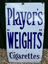 A large Player's Weights Cigarettes enamel advertising sign by Wildman and Meguyer Ltd., please note