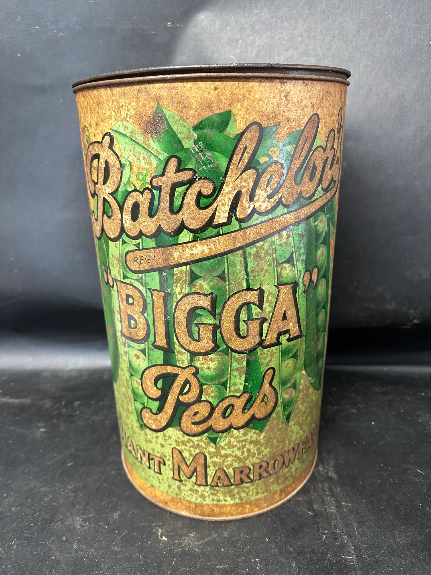 A large Batchelor's "Biggs" Peas Giant Marrowfats advertising display can, 14 1/4" tall.