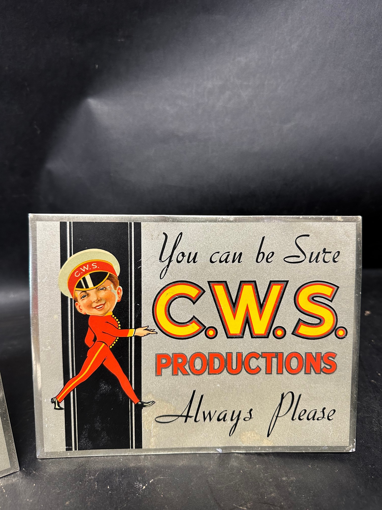 Two 1930s C.W.S. Productions pictorial tin advertising signs, each 8 x 6". - Image 3 of 4