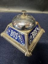 A very rare Bos Whisky counter top bell with four enamel side panels, the base 4.5 x 4.5".