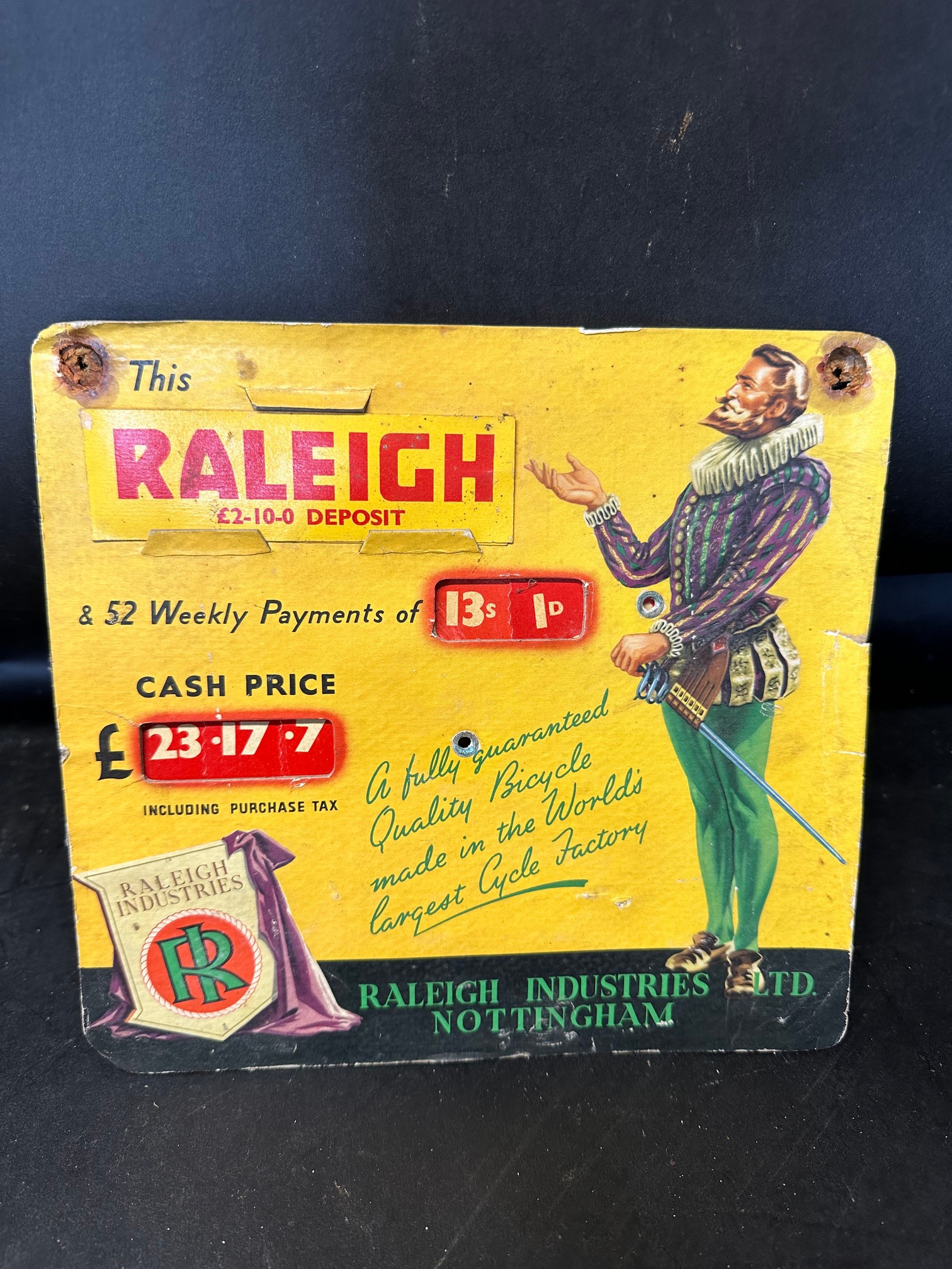 A rare Raleigh Industries Ltd. Nottingham price indicator showcard 'a fully guaranteed Quality
