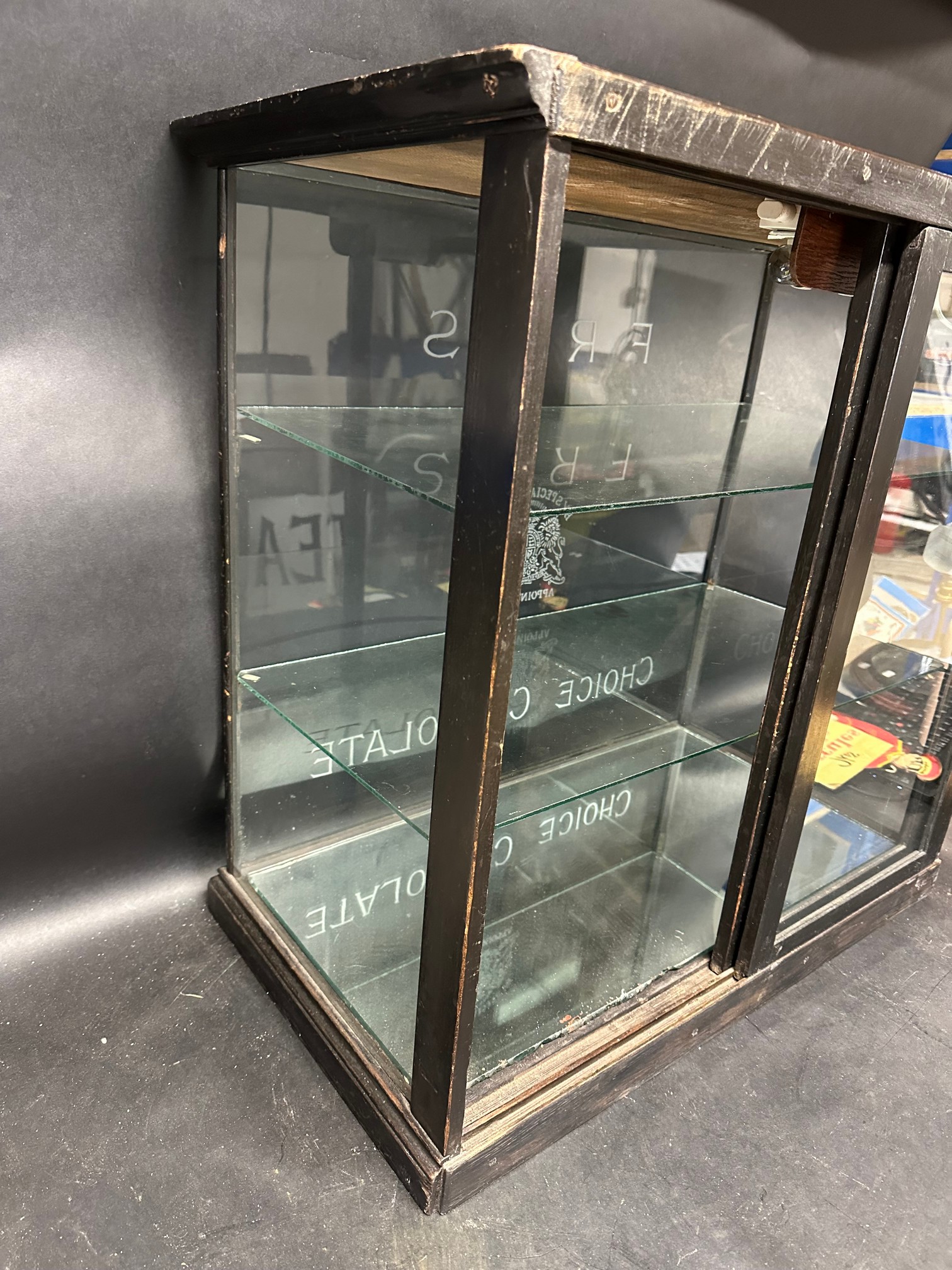 A Fry's Choice Chocolates glass display cabinet, sliding doors to rear, two glass shelves, 27 1/2" - Image 10 of 12