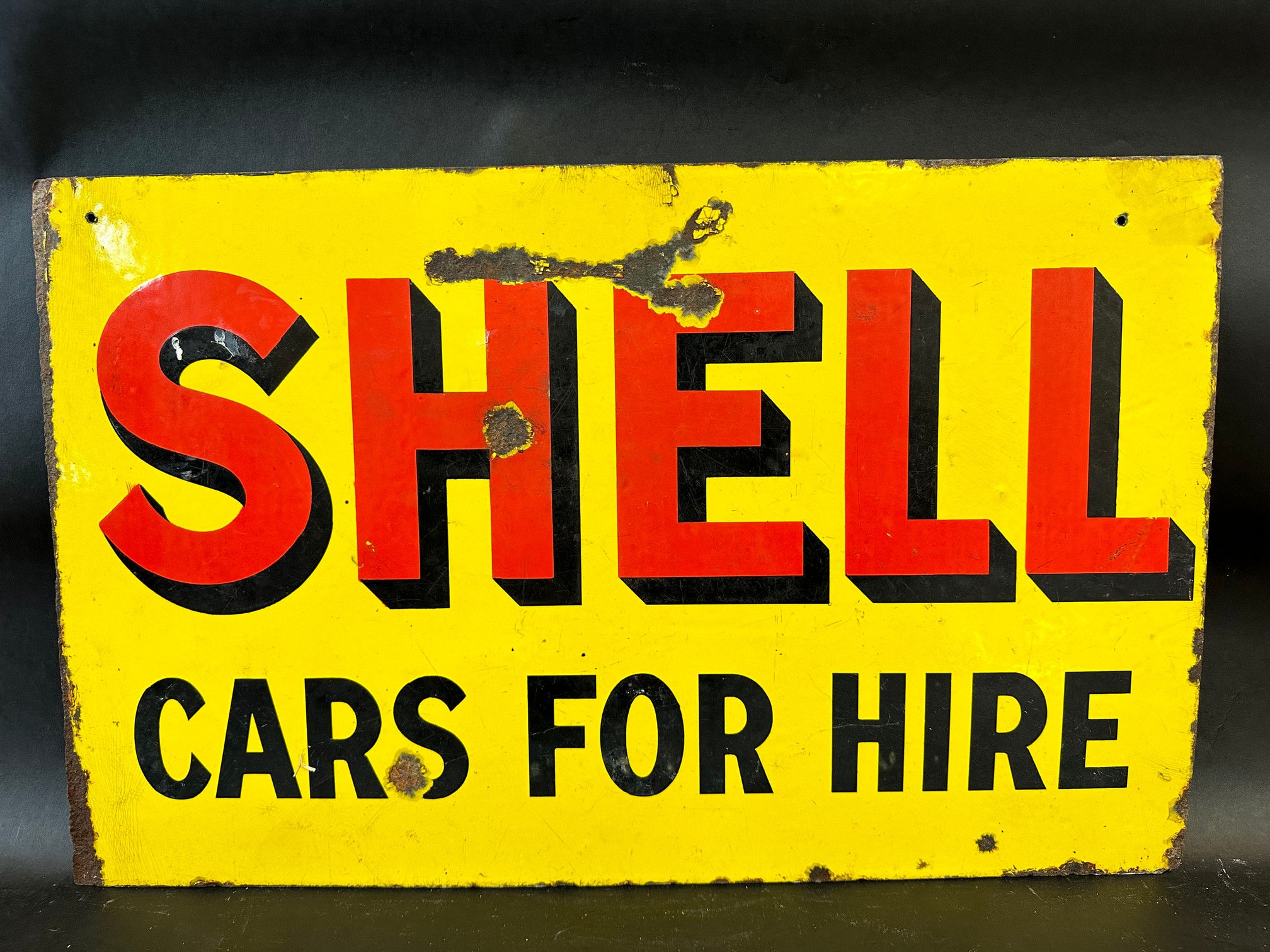 A Shell Cars For Hire double sided enamel sign, lacking hanging flange, 24 x 15". - Image 2 of 2