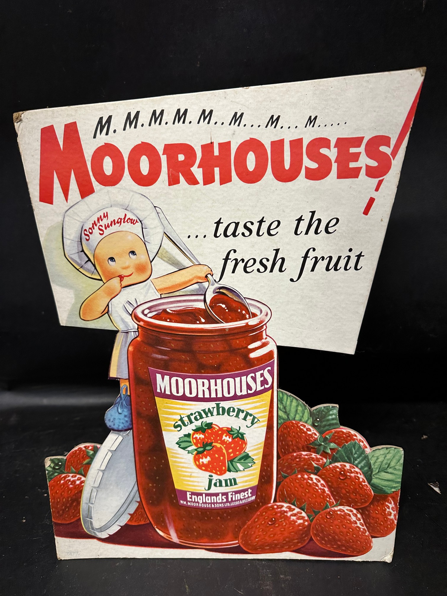 A Moorhouses Jam pictorial diecut advertising showcard on tripod stand, 10 1/4 x 13 1/2".