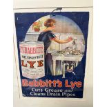 A Babbit's Lye - Cuts Grease and Cleans Drain Pipes pictorial showcard, framed and glazed, 16 1/2