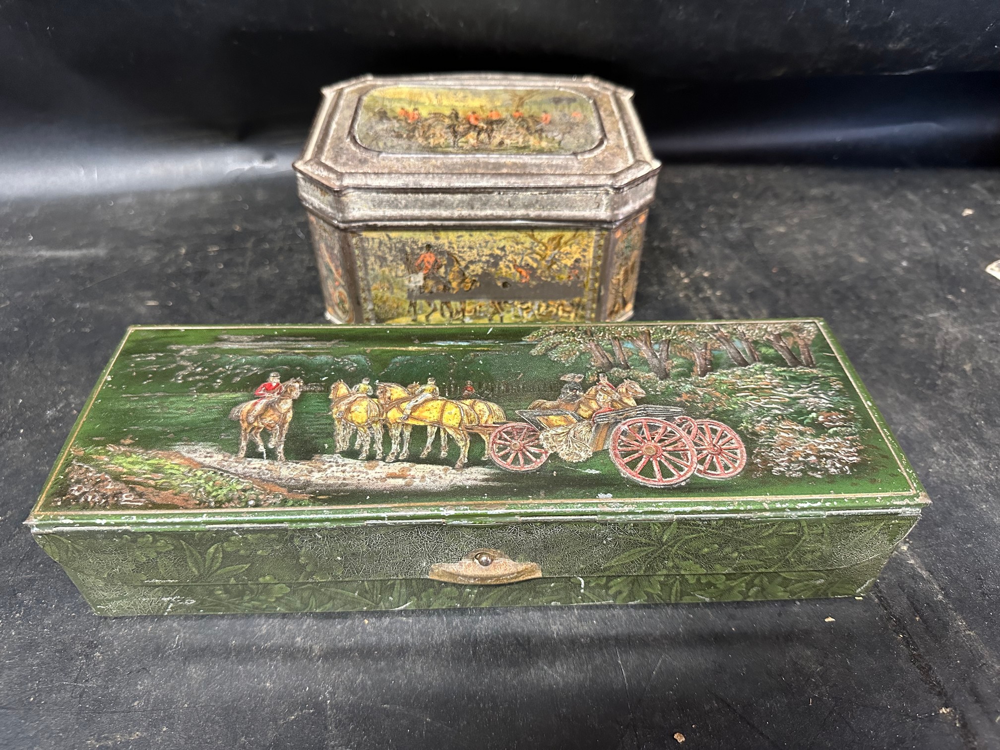 Three Huntley & Palmer's Ltd. confectionery tins including hunting scenes, horse and carts etc. - Image 3 of 9