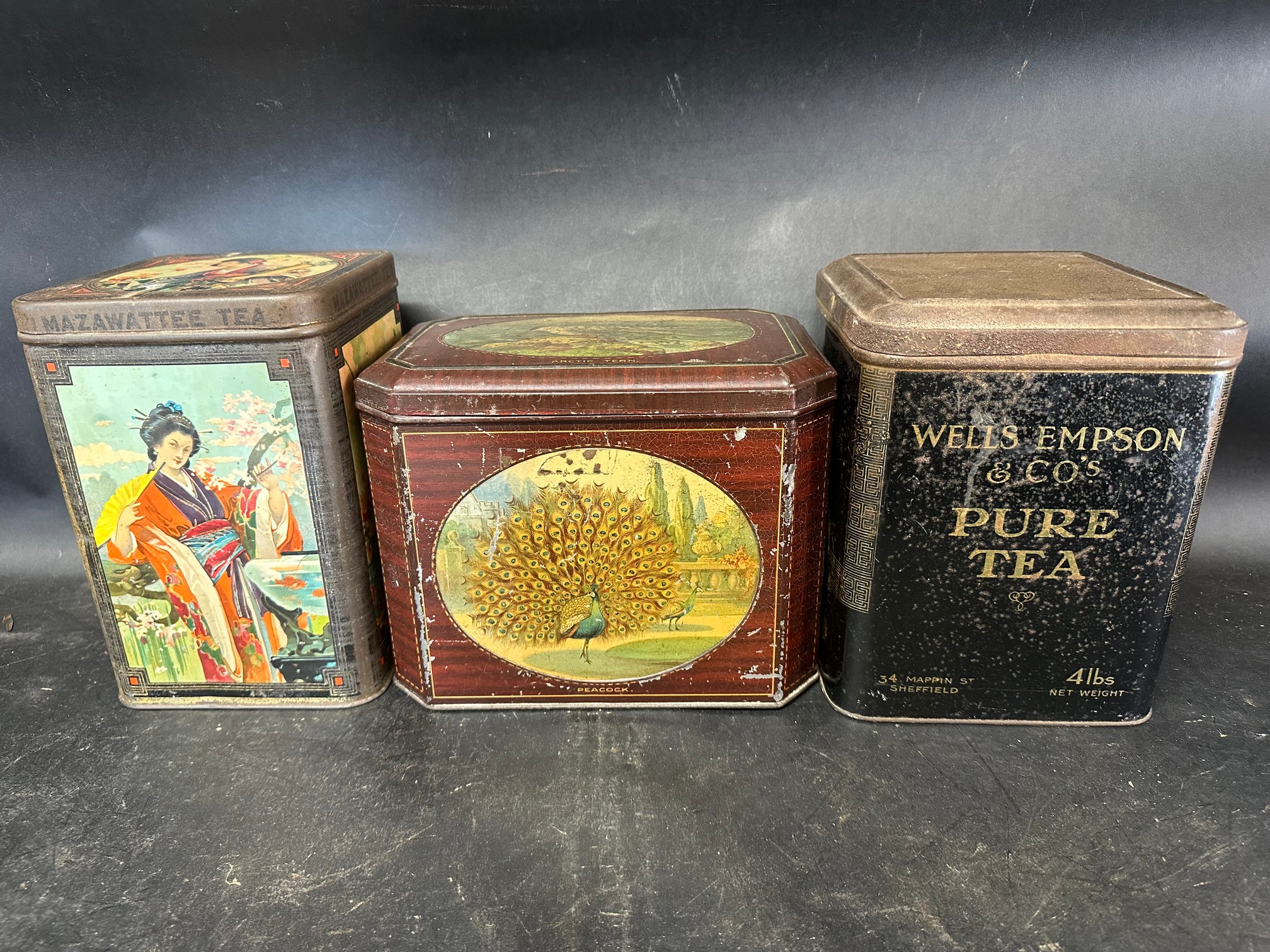 Three tea tins: Mazawattee 3lbs tin with designs of Oriental ladies, The Liverpool China & India Co.