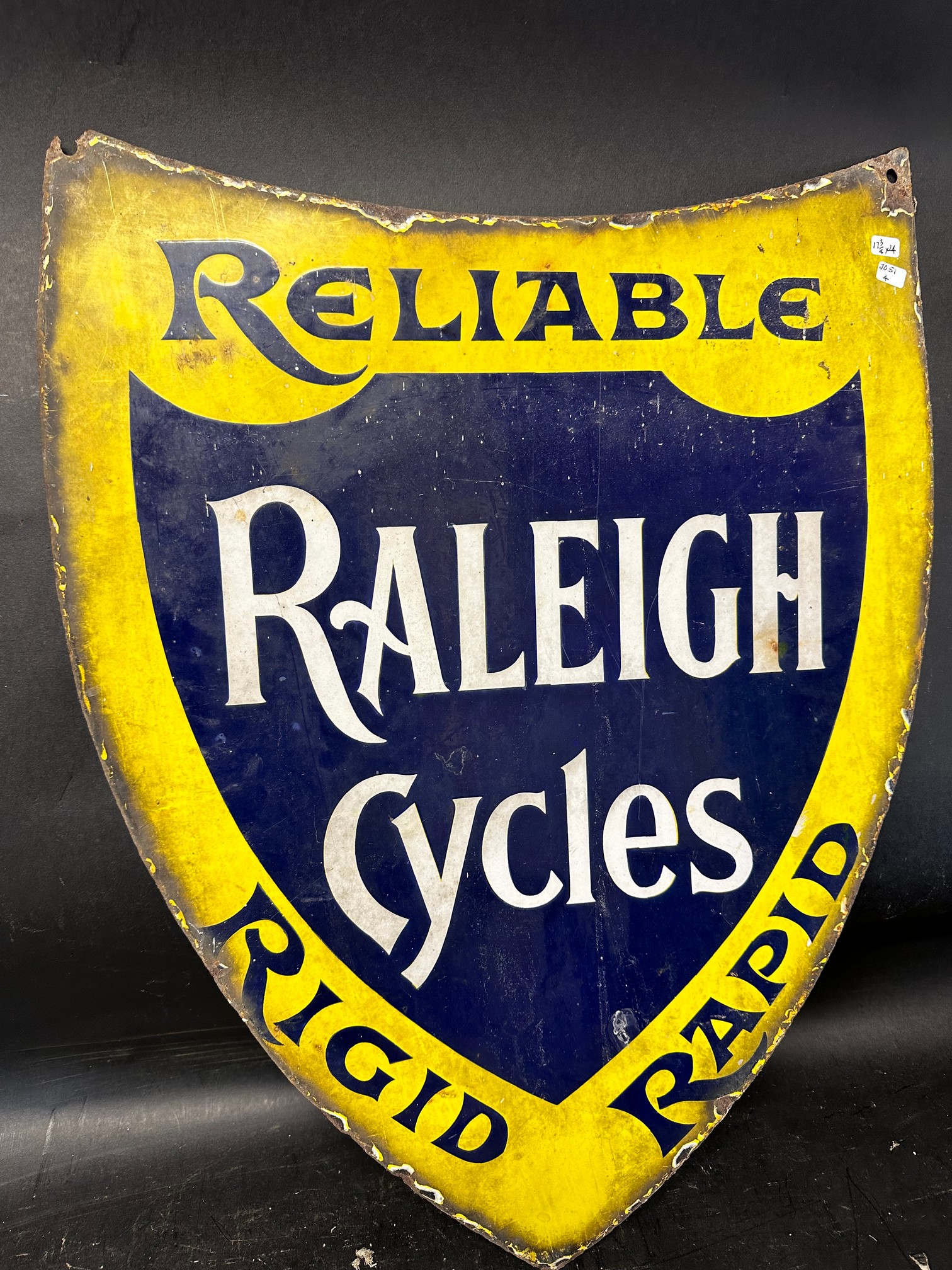 A Raleigh Cycles - Reliable, Rigid Rapid shield-shaped double sided enamel advertising sign, 17 3/ - Image 6 of 6