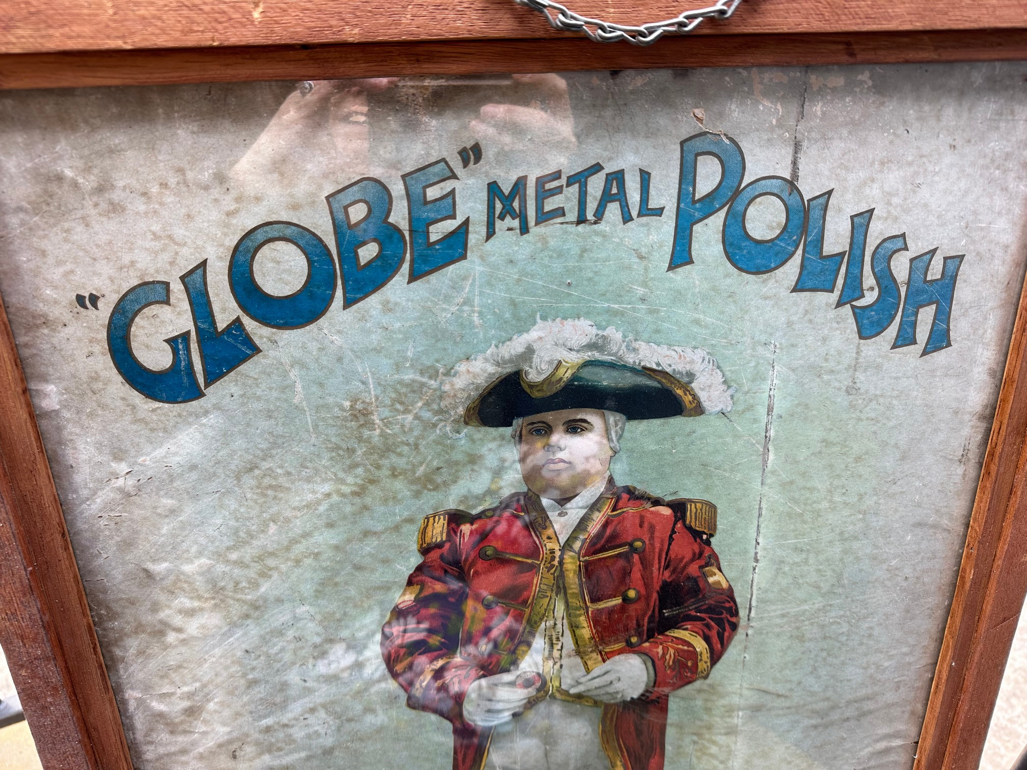 A large hanging wooden frame containing advertising for Globe Metal Polish to each side - Image 3 of 7