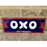 An Oxo For Strength enamel advertising sign mounted to metal support frame, 48 x 18".