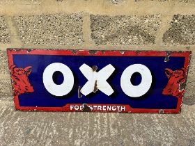 An Oxo For Strength enamel advertising sign mounted to metal support frame, 48 x 18".