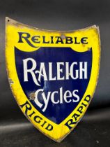A Raleigh Cycles - Reliable, Rigid Rapid shield-shaped double sided enamel advertising sign, 17 3/